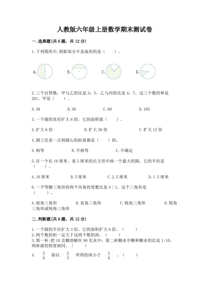 人教版六年级上册数学期末测试卷及完整答案（历年真题）