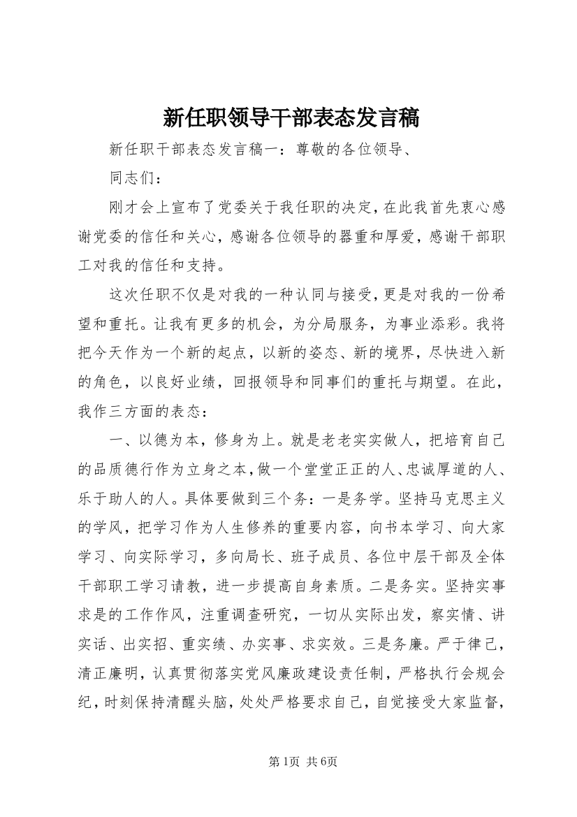 新任职领导干部表态发言稿