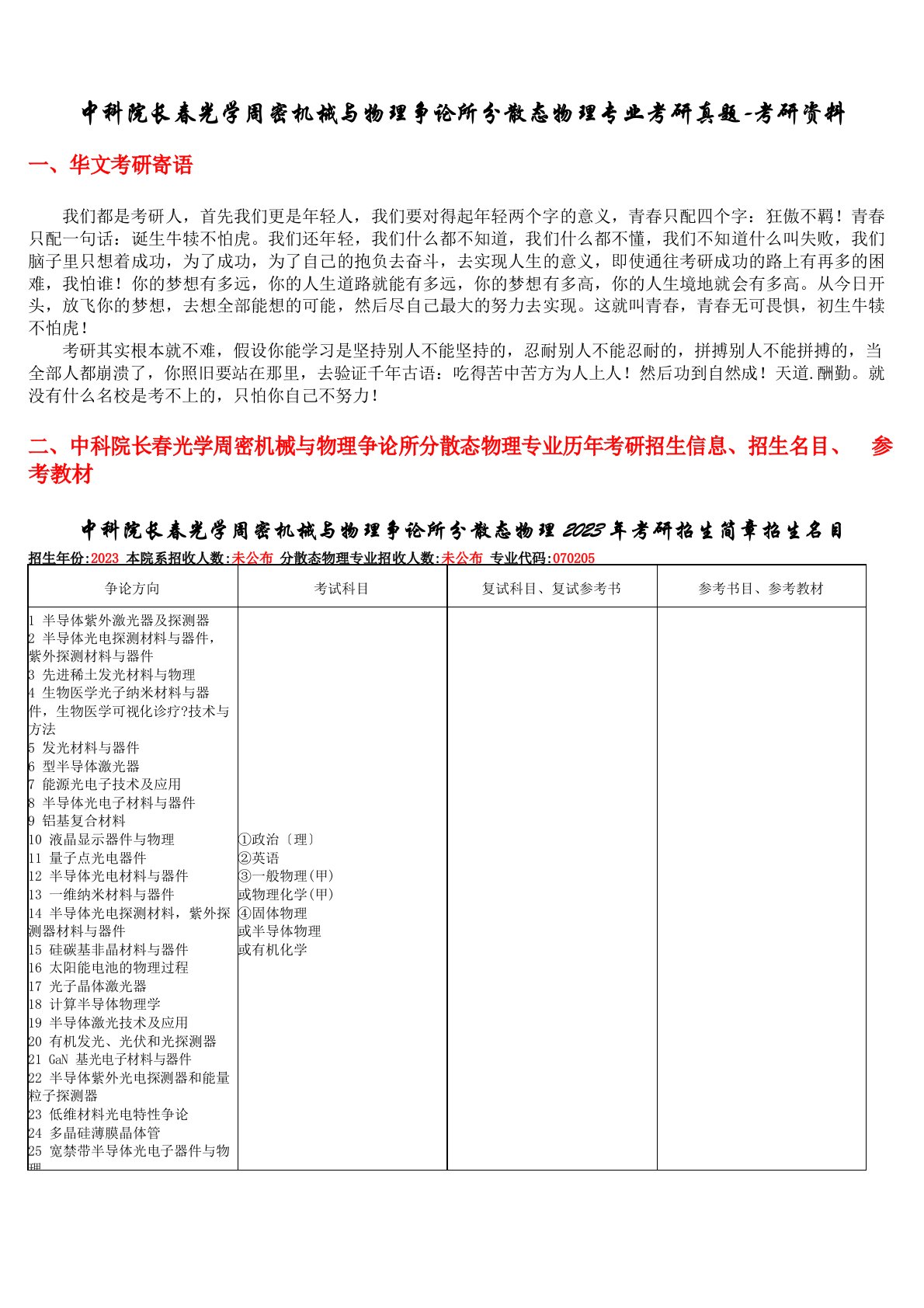 中科院长春光学精密机械与物理研究所凝聚态物理专业考研真题-考研资料