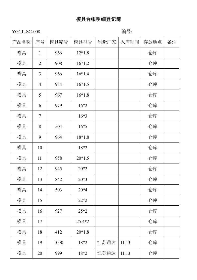 模具台帐记录表