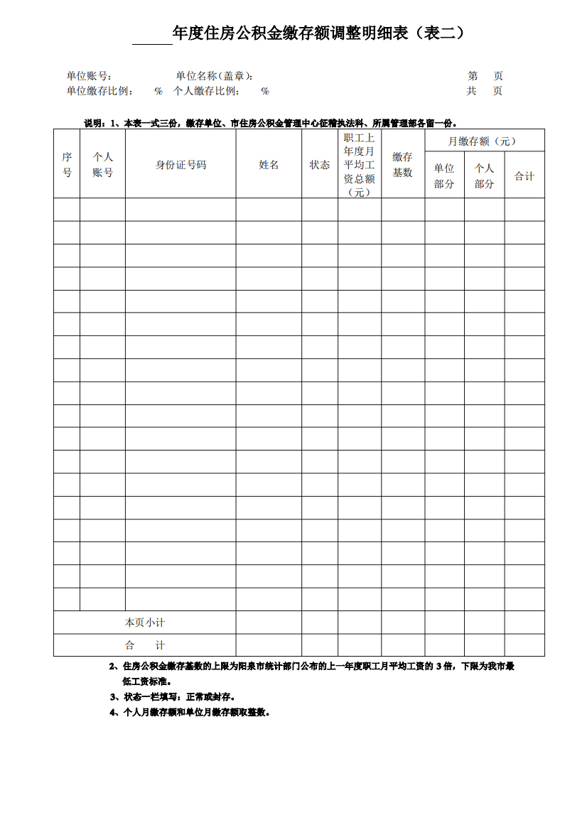 年度住房公积金缴存额调整明细表表二