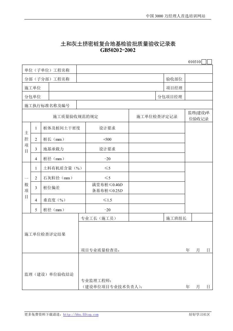 【管理精品】建筑行业土和灰土挤密桩复合地基检验批质量验收记录表