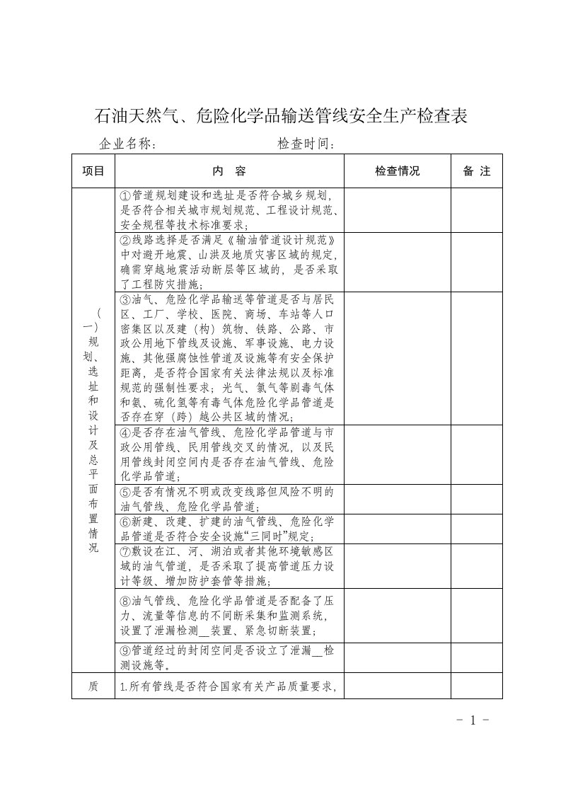 石油天然气、危险化学品输送管线安全生产检查表