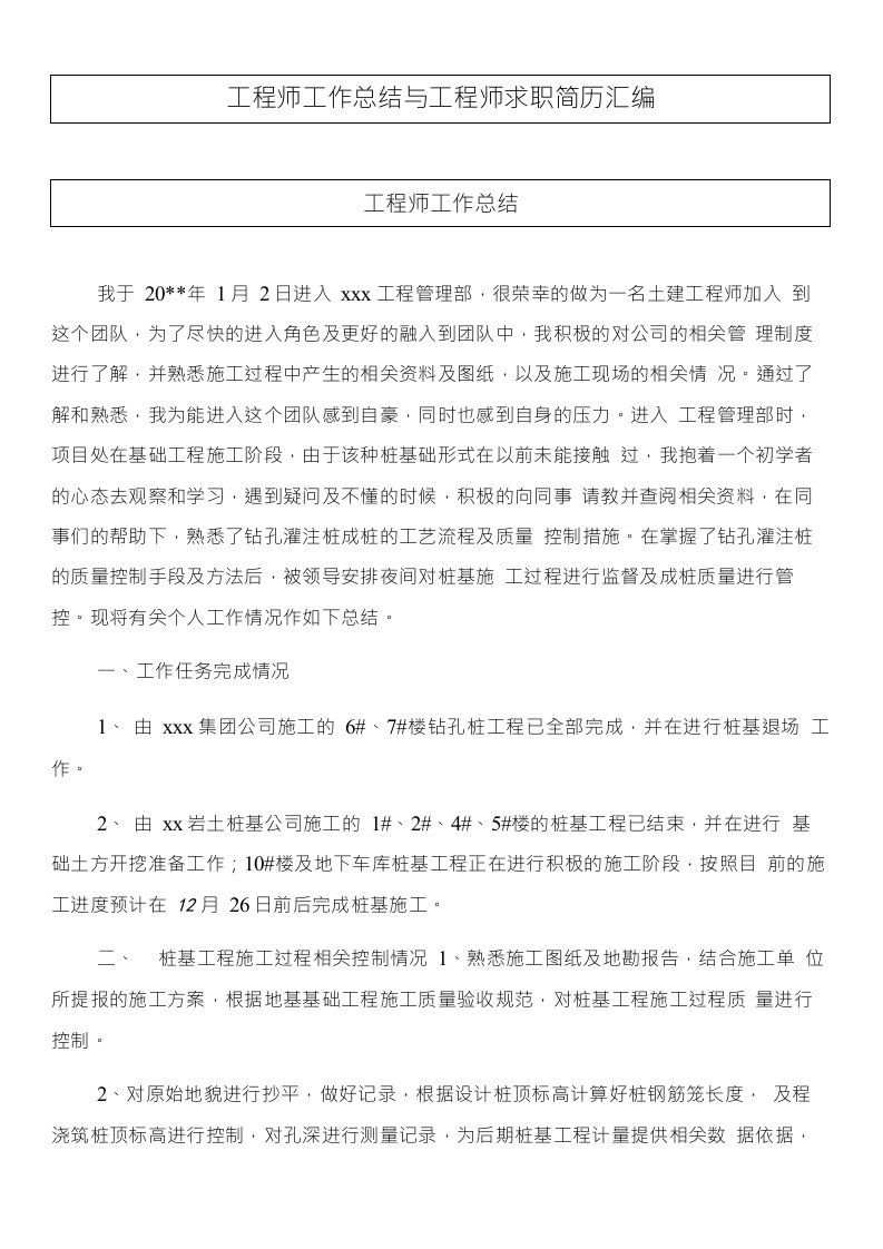 工程师工作总结与工程师求职简历汇编