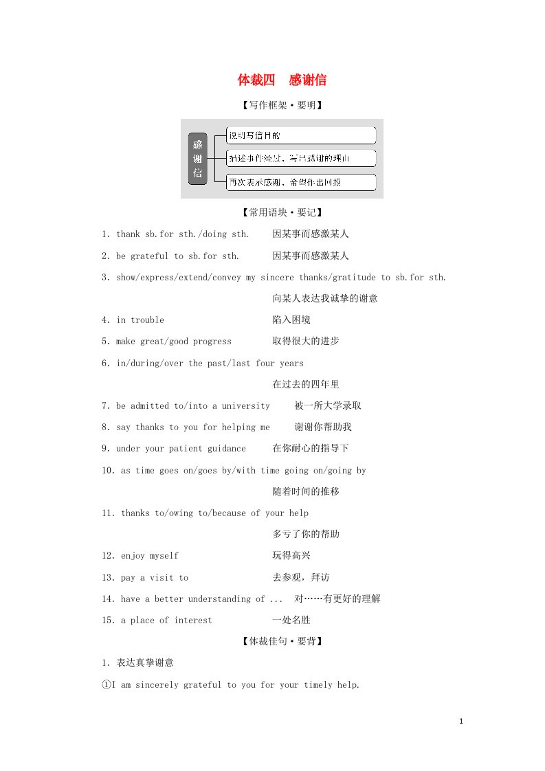 2022版高考英语一轮复习02写作专题二体裁四感谢信学案新人教版