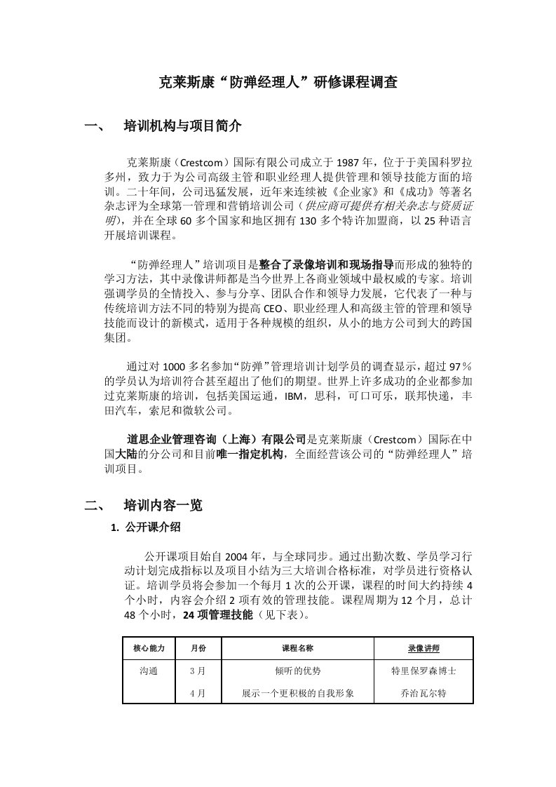 克莱斯康“防弹经理人”研修课程调查