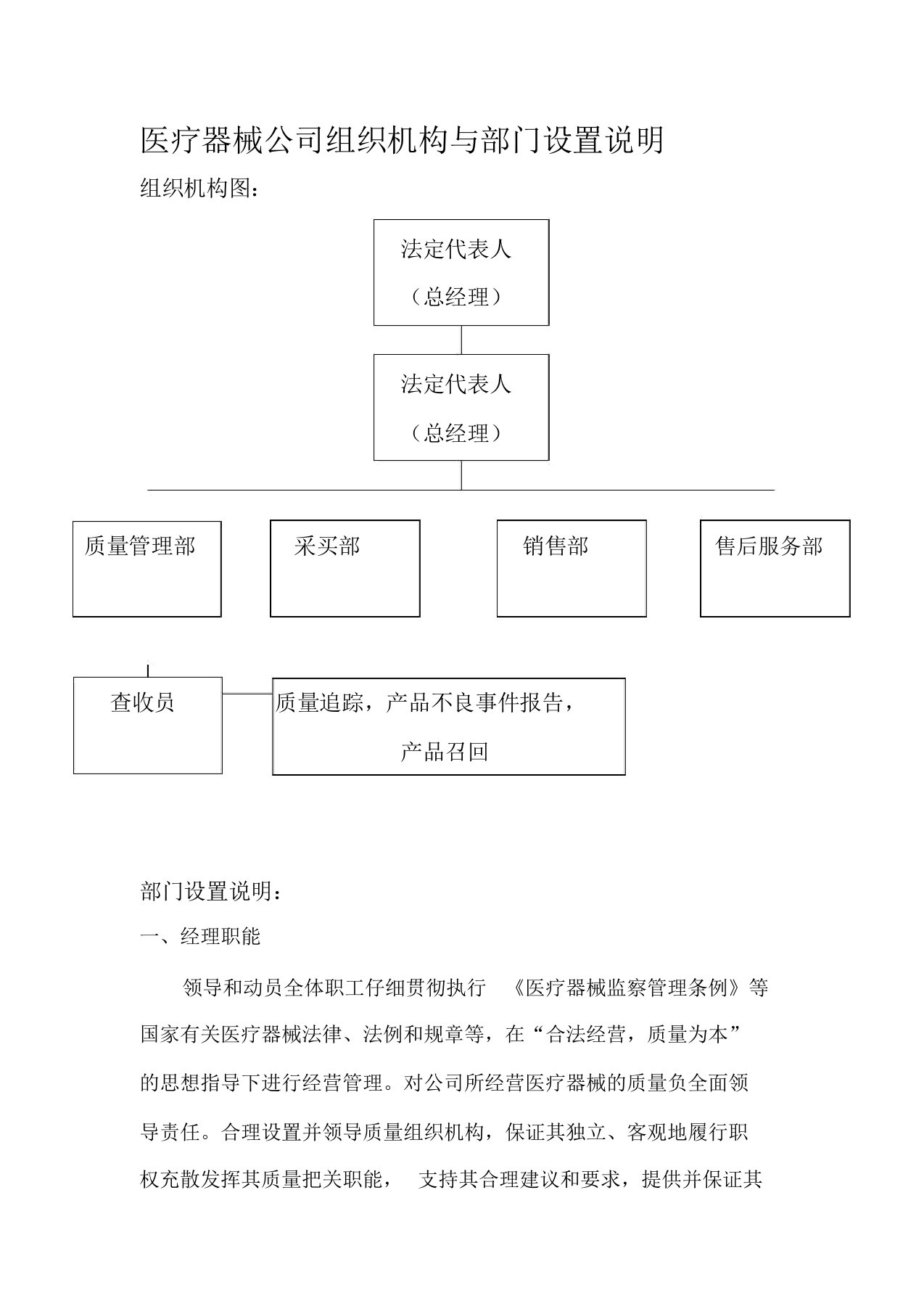 医疗器械公司组织机构及部门设置说明