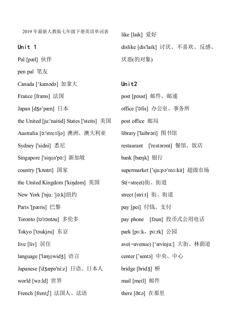 2019最新版人教版七年级下册英语单词表