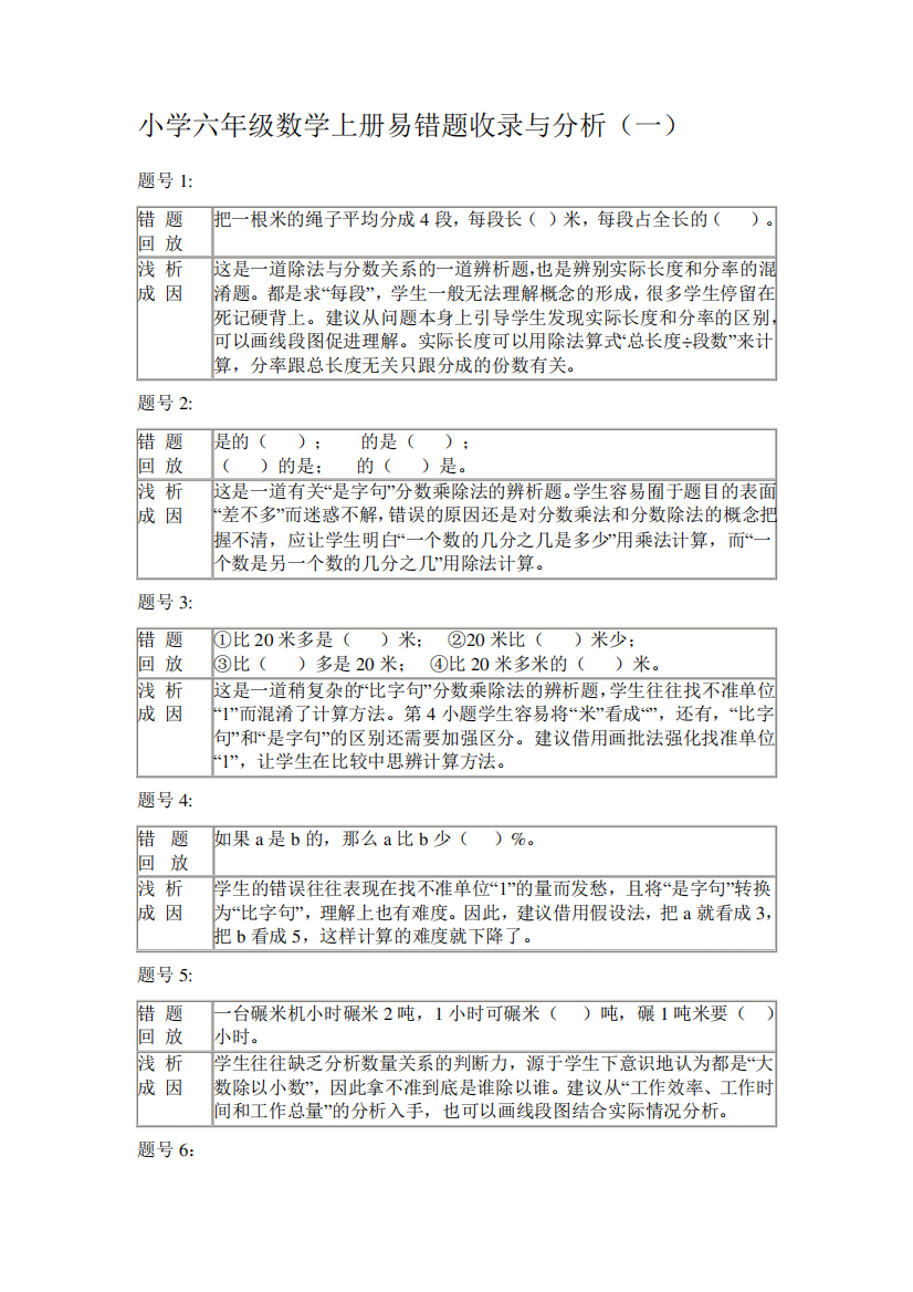 人教版小学数学六年级上册易错题收录与分析