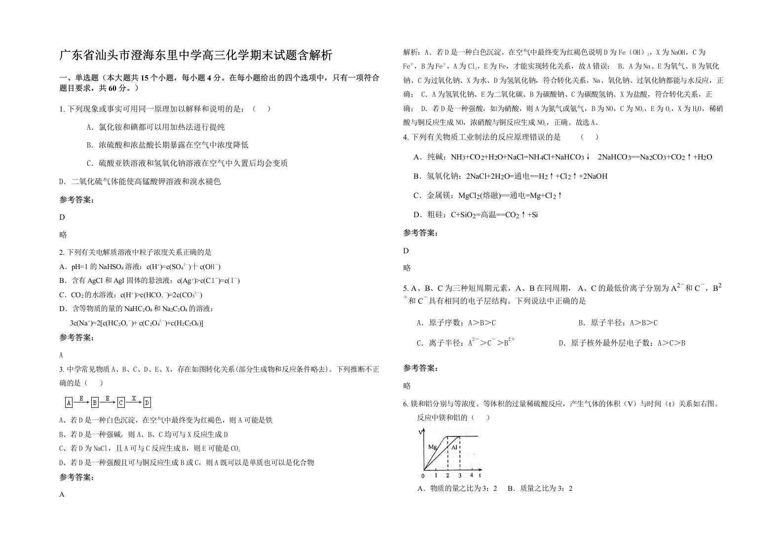 广东省汕头市澄海东里中学高三化学期末试题含解析