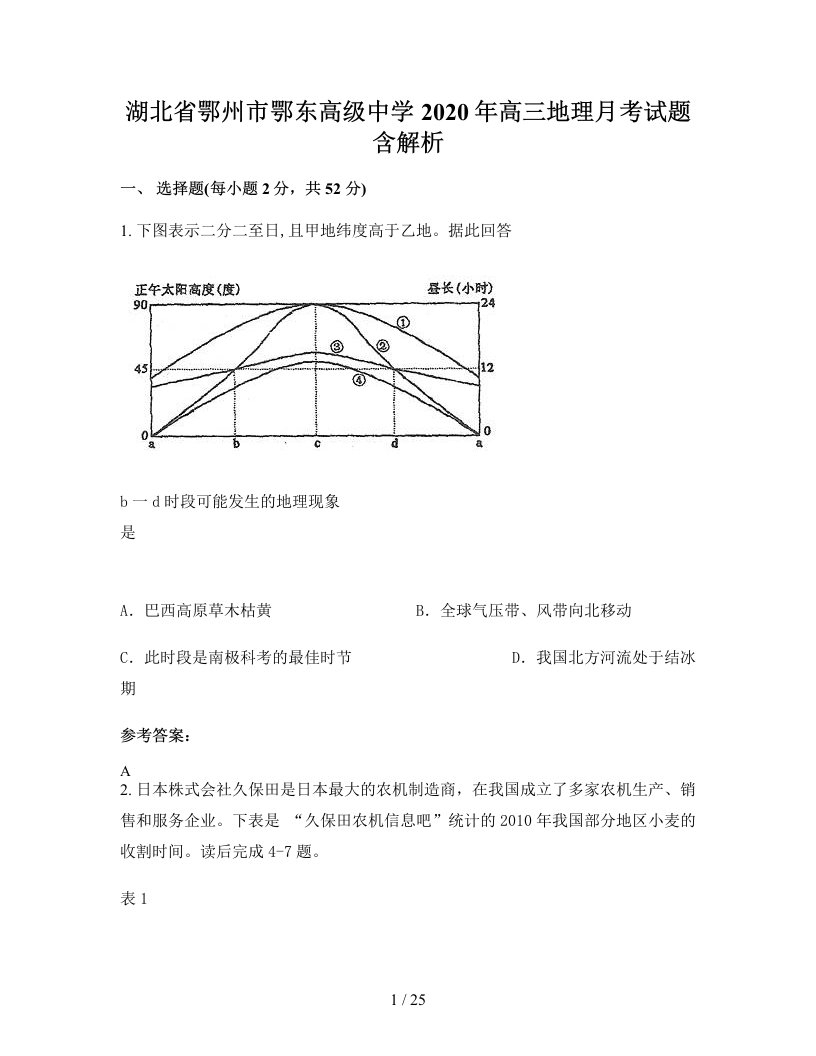 湖北省鄂州市鄂东高级中学2020年高三地理月考试题含解析