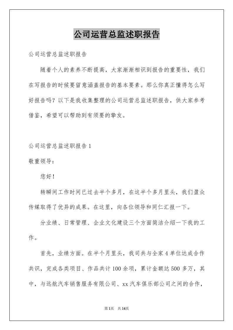 公司运营总监述职报告例文