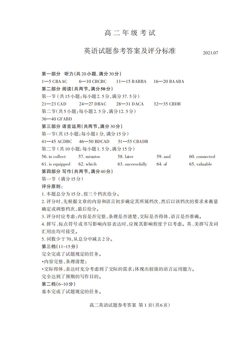 山东省泰安市2020-2021学年高二英语下学期期末考试试题（PDF）答案