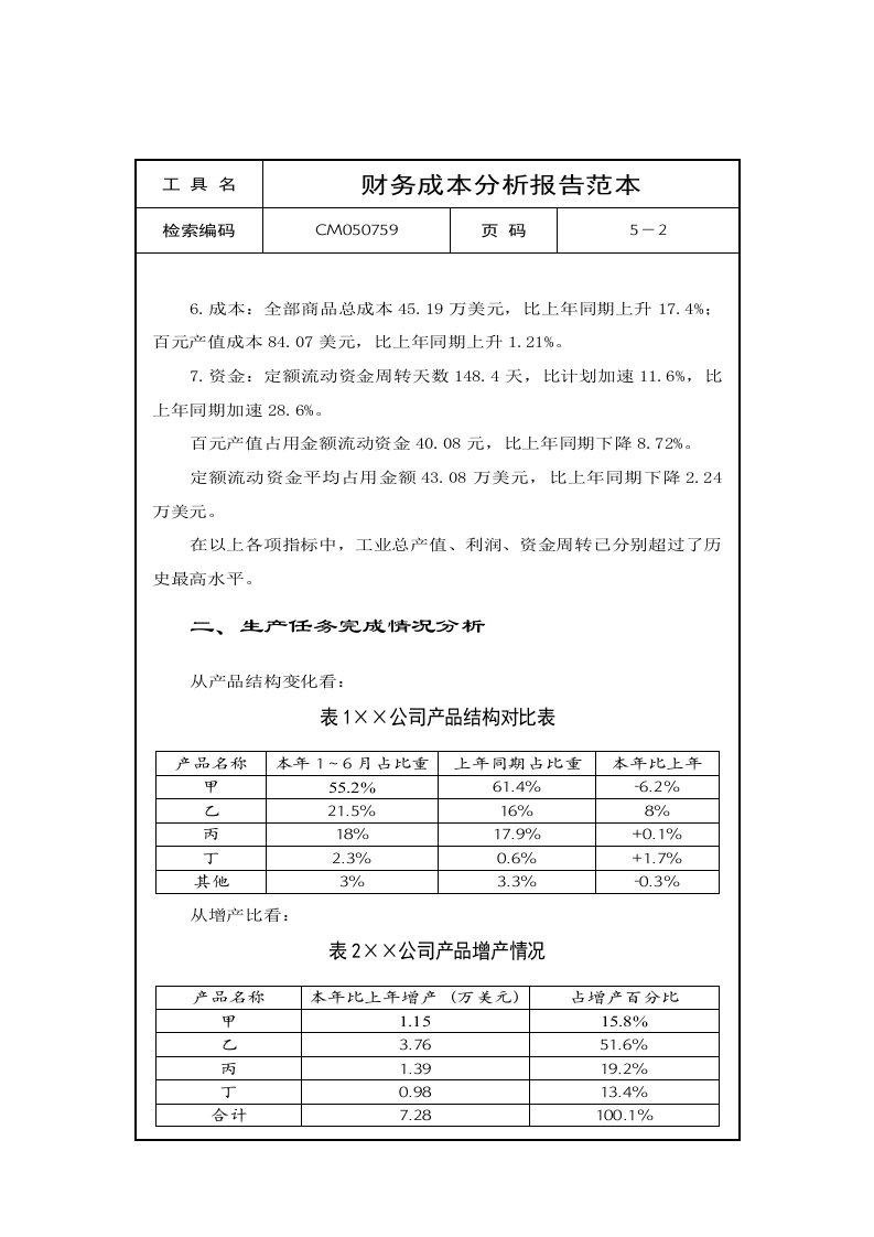 某公司财务成本分析报告