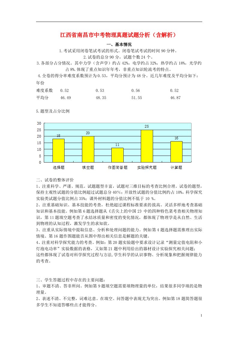 江西省南昌市中考物理真题试题分析（含解析）