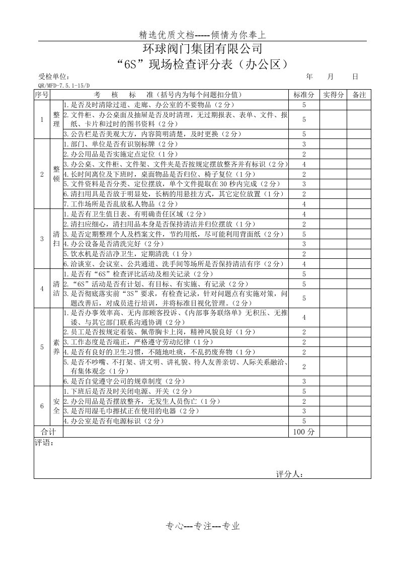 工厂6S现场检查评分表(共5页)