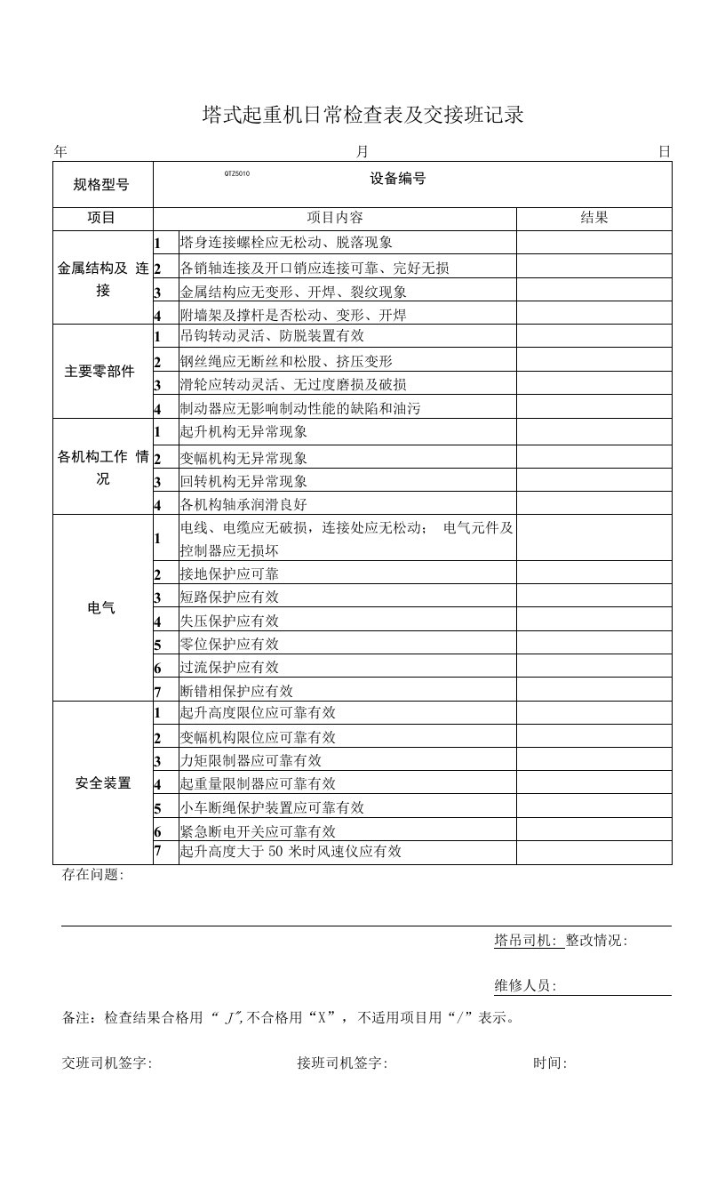 塔式起重机日常检查表及交接班记录