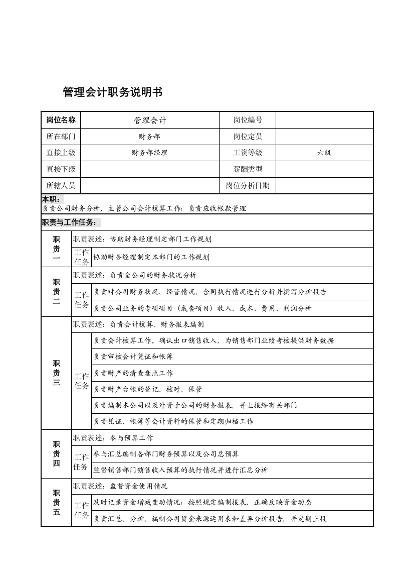 贸易公司财务部管理会计职务说明书精