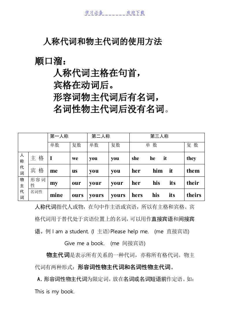 英语人称代词和物主代词练习题