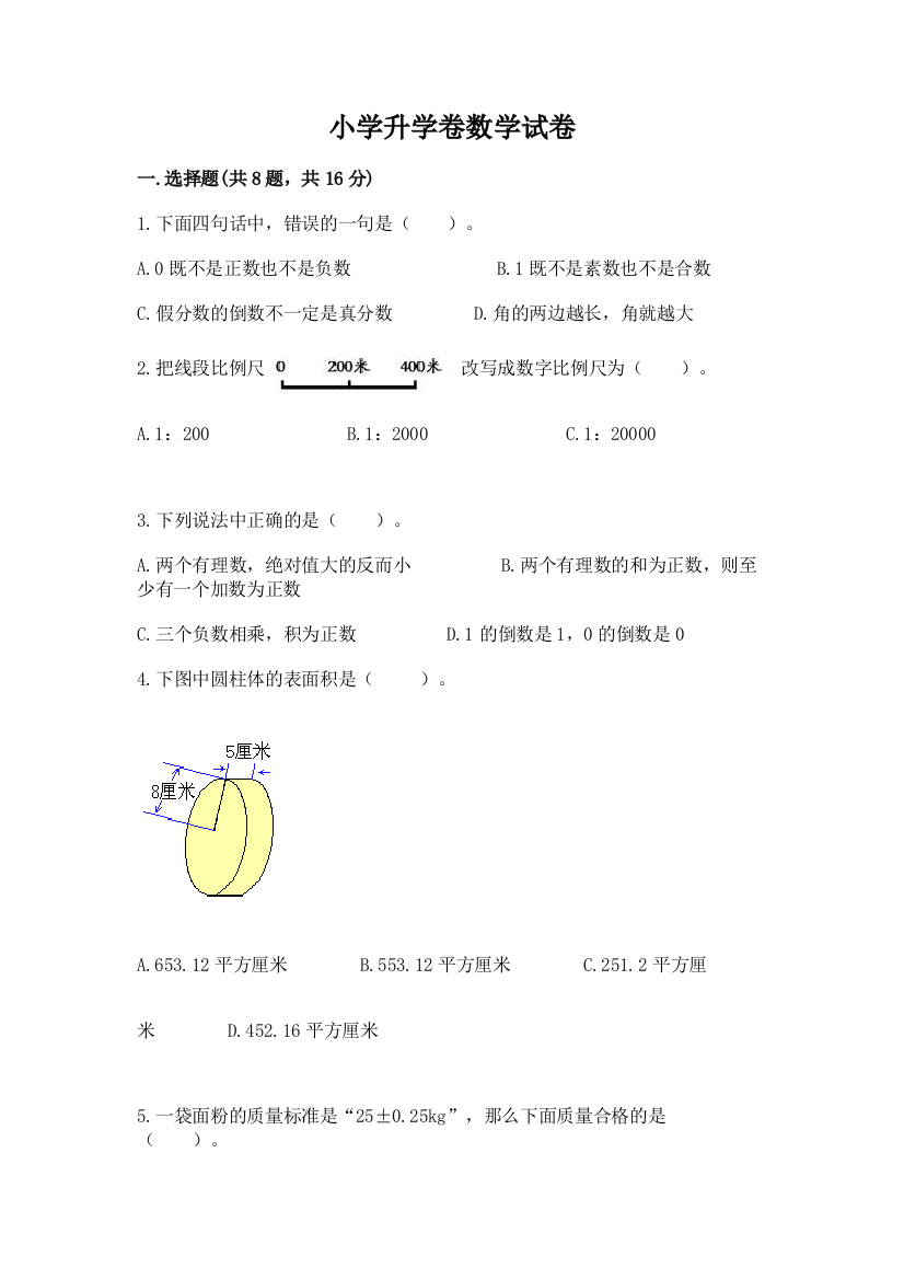 小学升学卷数学试卷附参考答案（培优b卷）