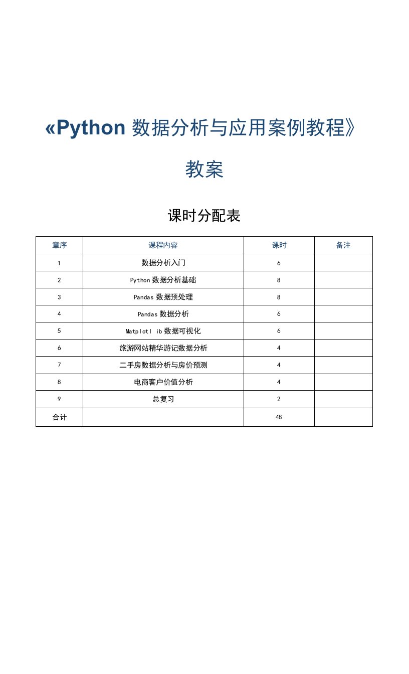 《Python数据分析与应用案例教程》教案