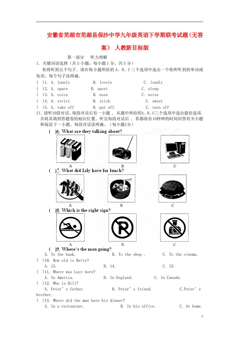 安徽省芜湖市芜湖县九级英语下学期联考试题（无答案）