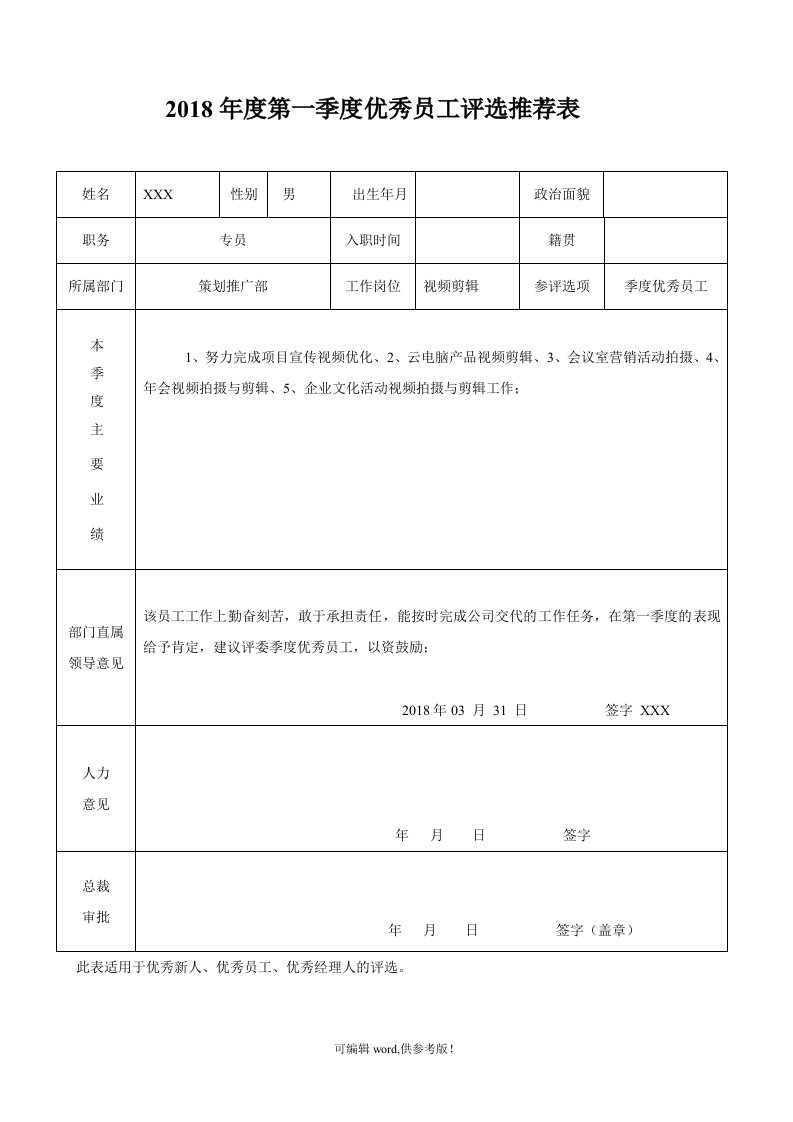 优秀员工评选推荐表模板