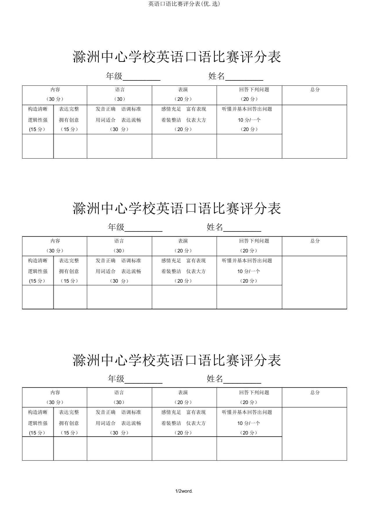 英语口语比赛评分表