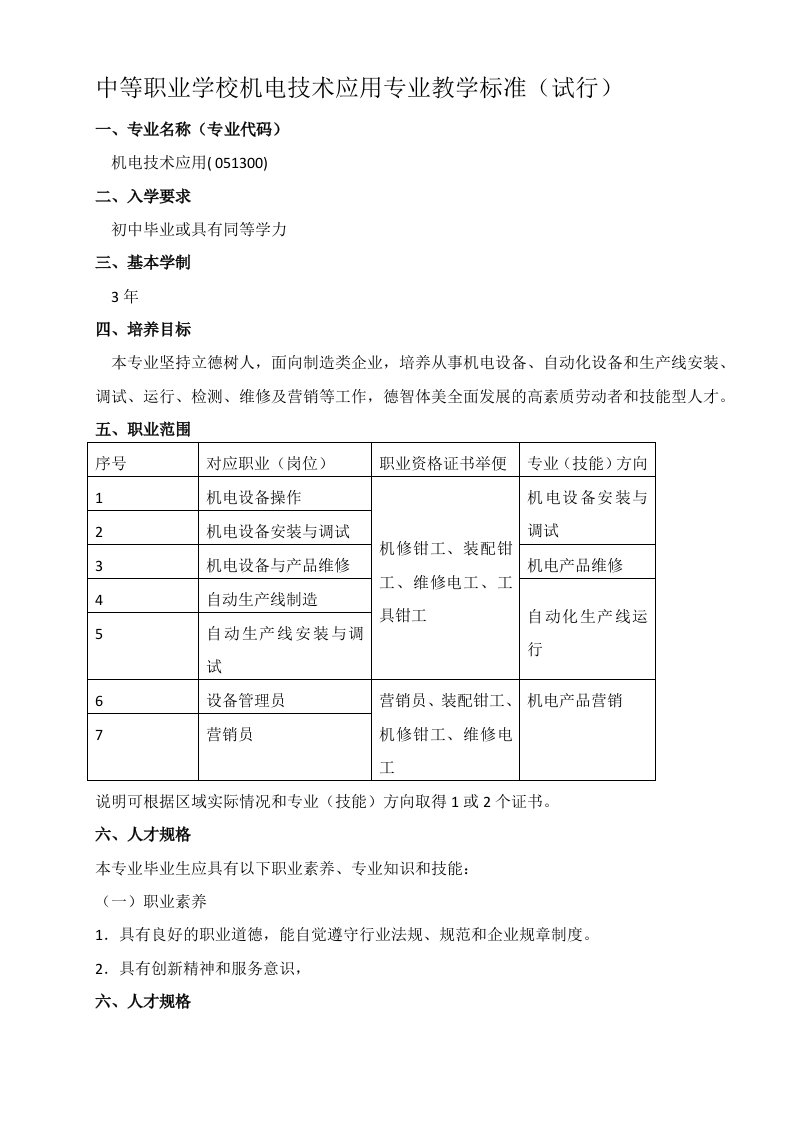 中等职业学校机电技术应用专业教学标准