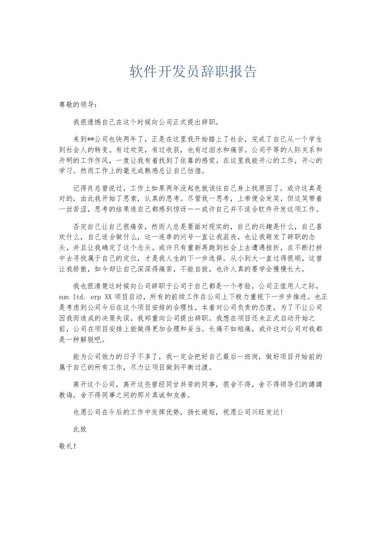 总结报告软件开发员辞职报告