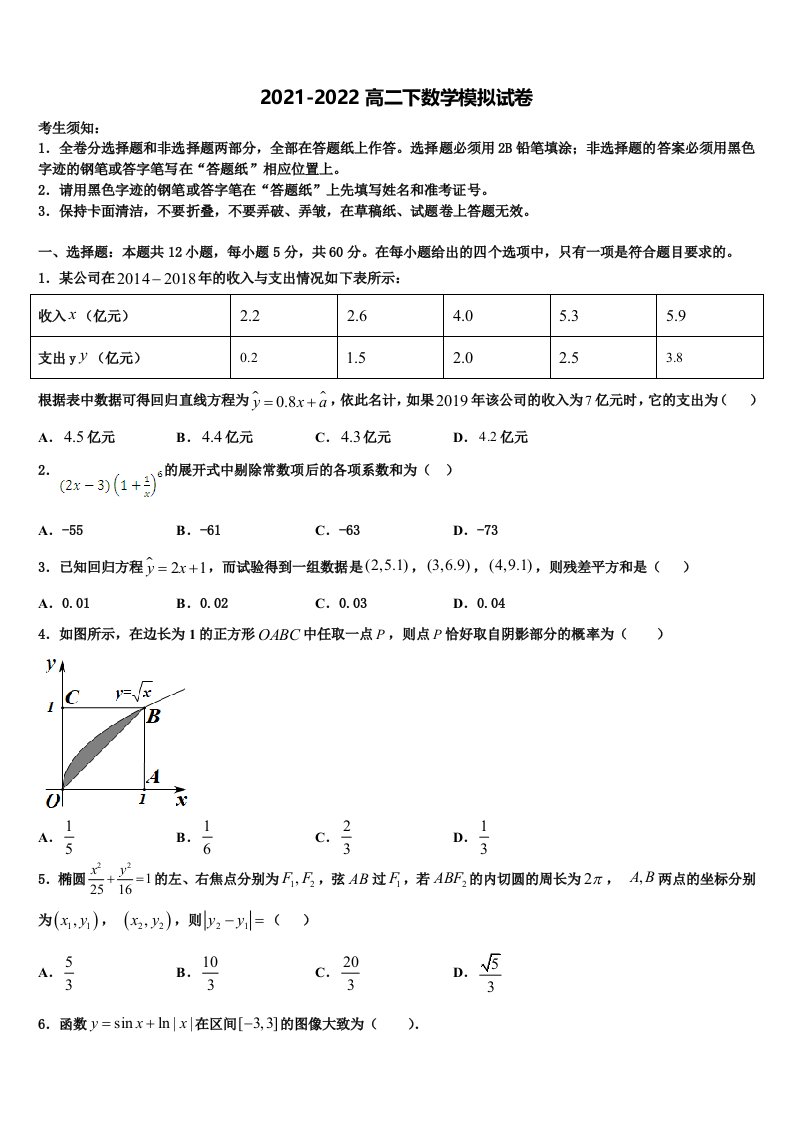 2022届四川省阆中市阆中中学新区数学高二第二学期期末统考试题含解析