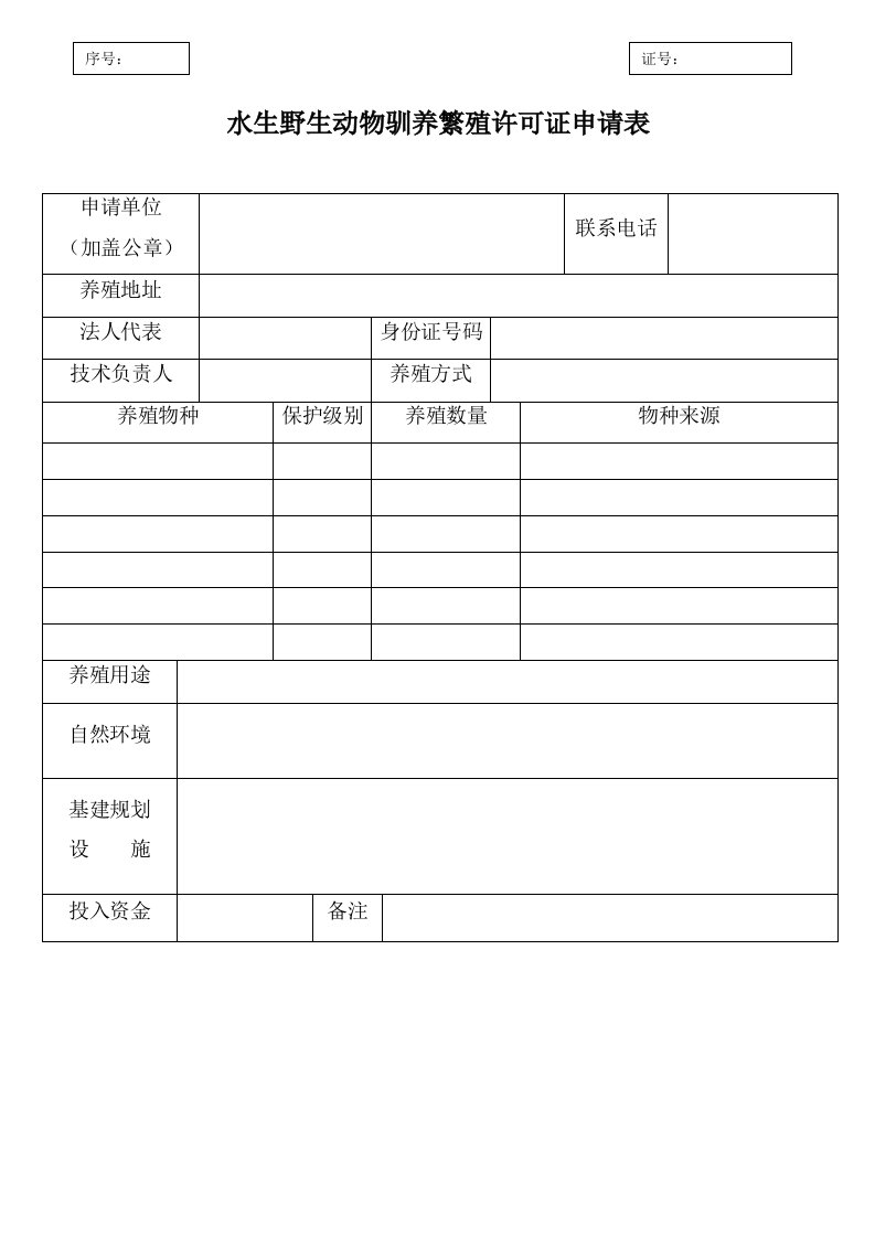 水生野生动物驯养繁殖许可证申请表