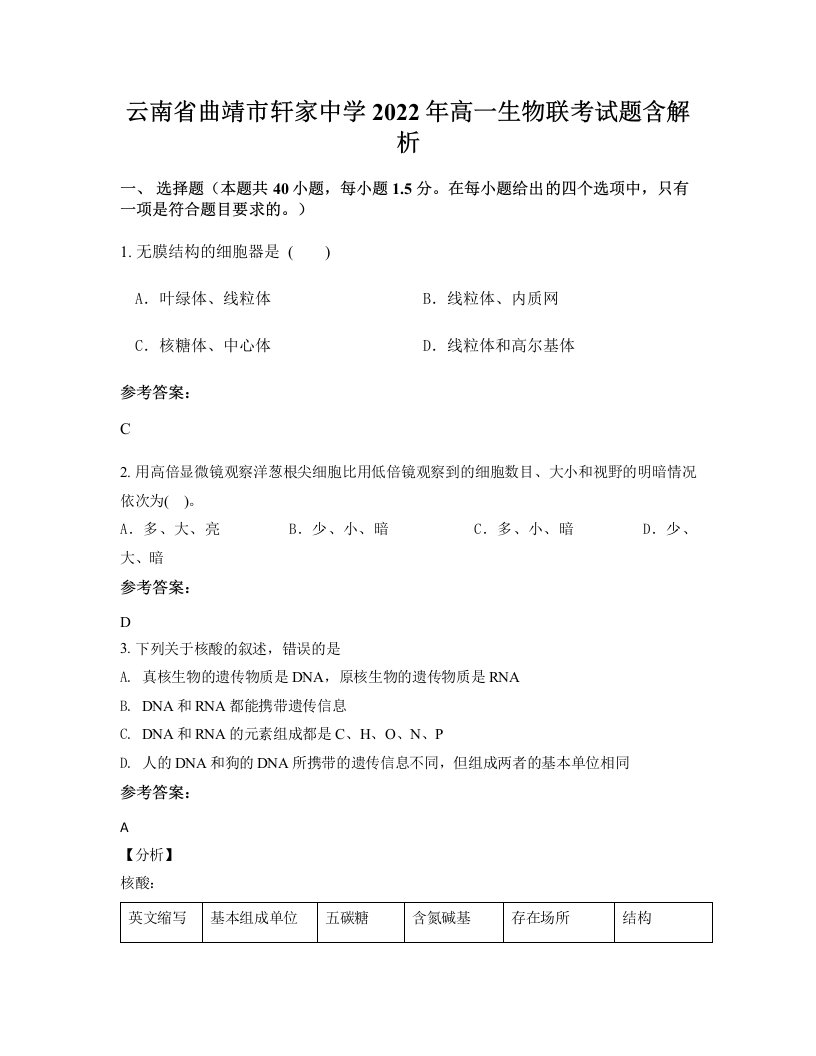 云南省曲靖市轩家中学2022年高一生物联考试题含解析