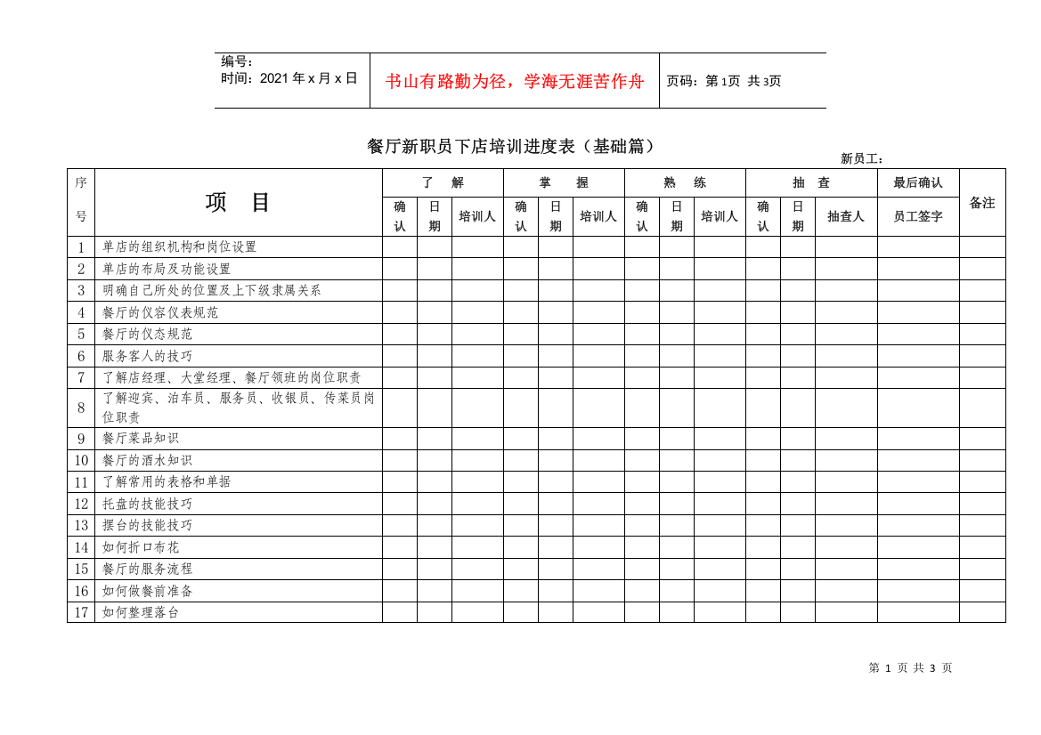 餐厅新职员下店培训进度表