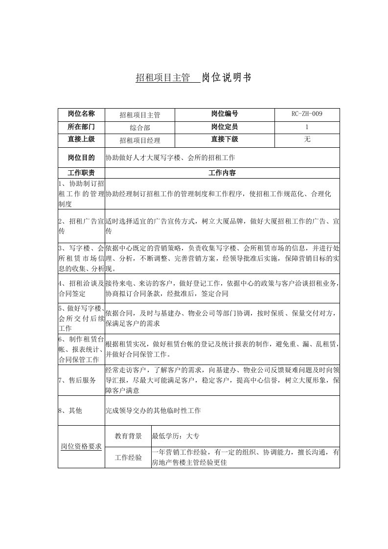 项目管理-招租项目主管岗位说明书