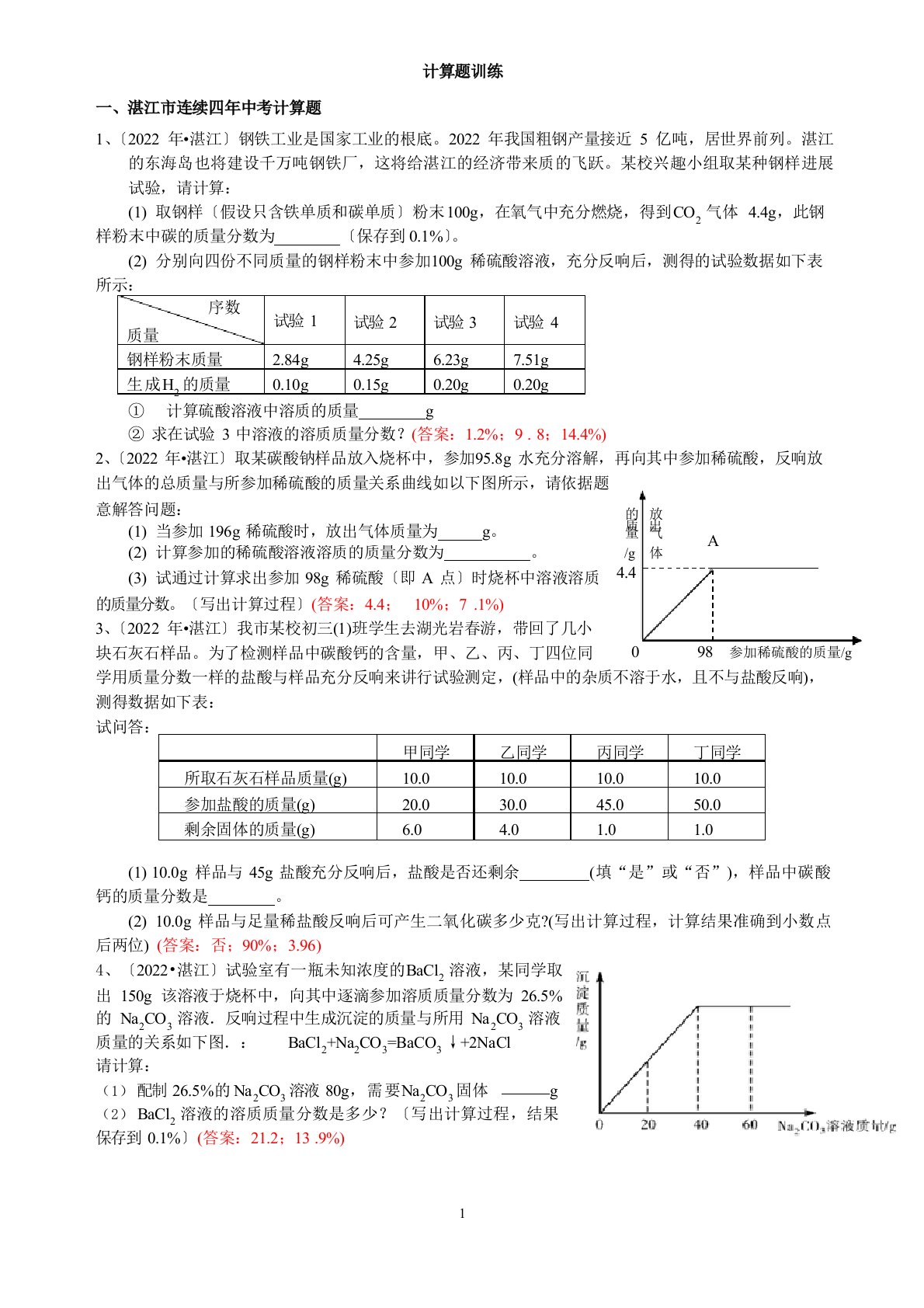 广东省中考化学计算题真题专题复习