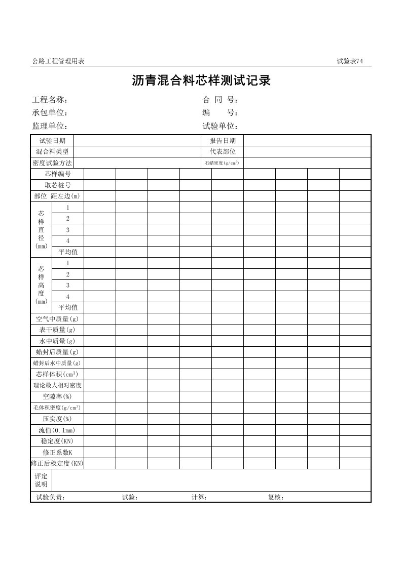 表格模板-公路工程管理用表范本沥青混合料芯样测试记录