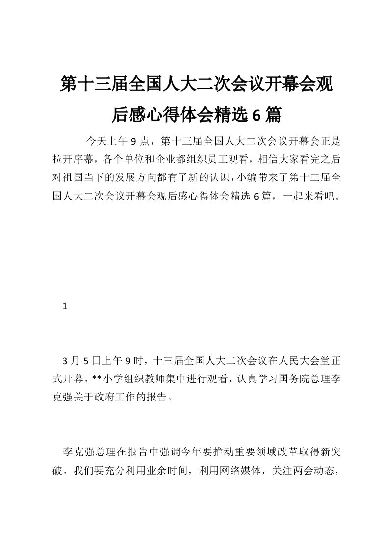 第十三届全国人大二次会议开幕会观后感心得体会精选6篇