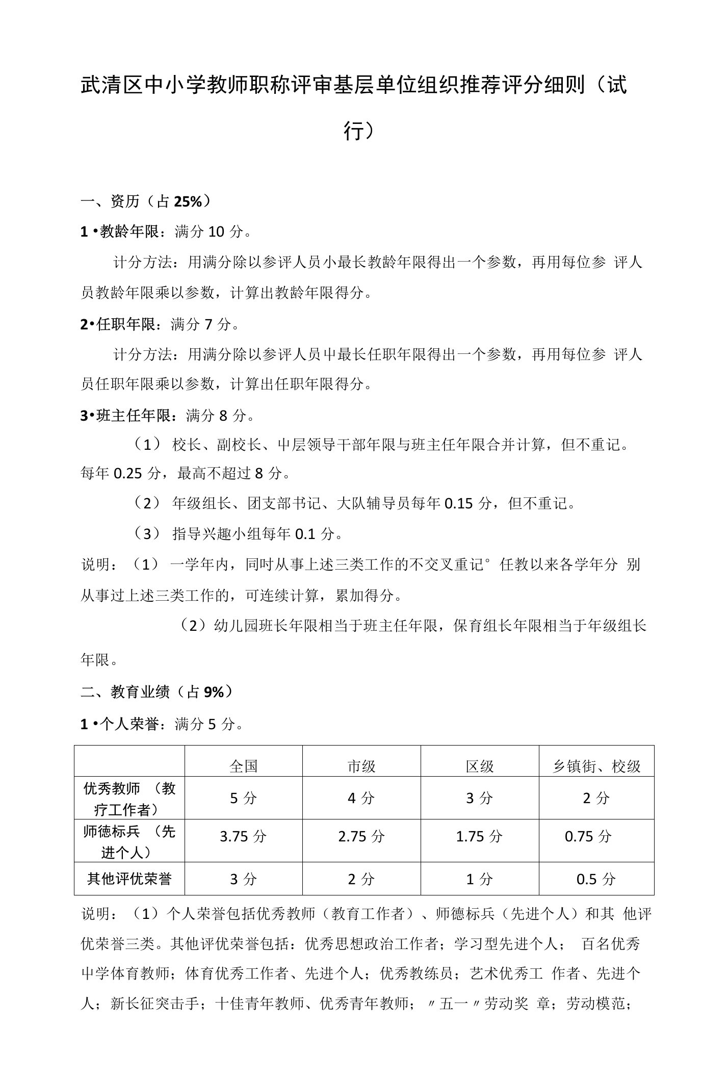 武清区中小学教师职称评审基层单位组织推荐评分细则