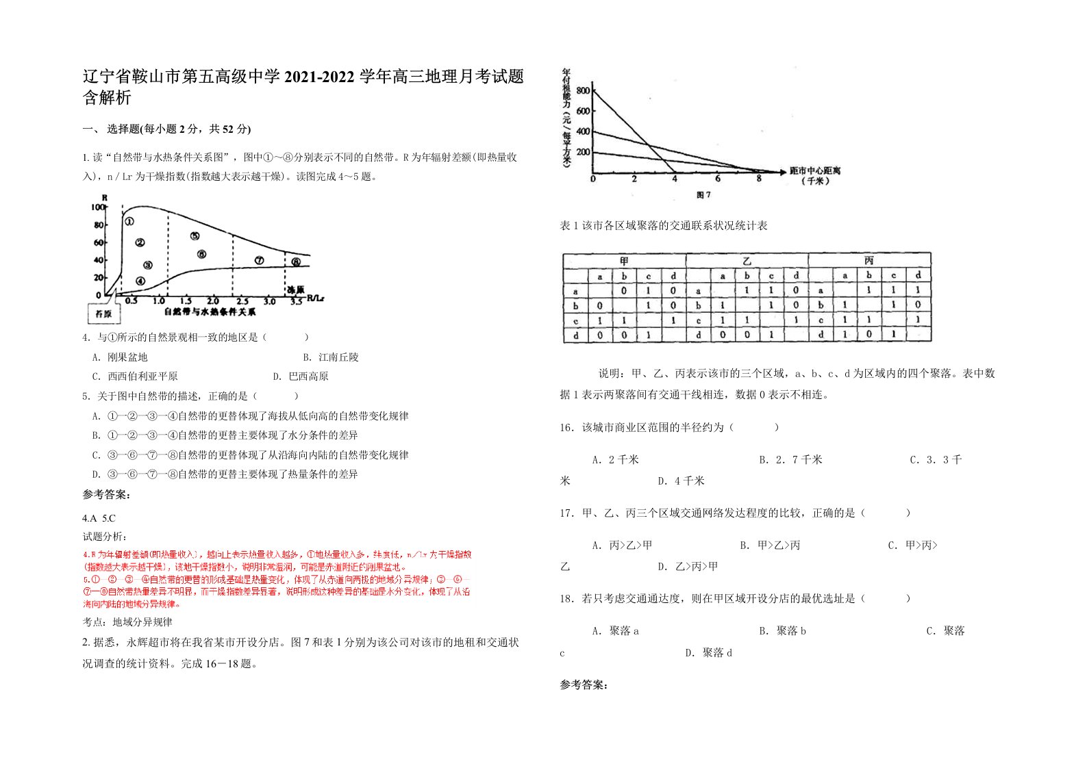 辽宁省鞍山市第五高级中学2021-2022学年高三地理月考试题含解析