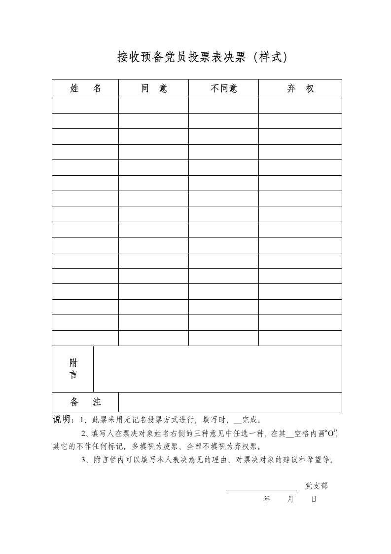 党员发展表决票决制样表