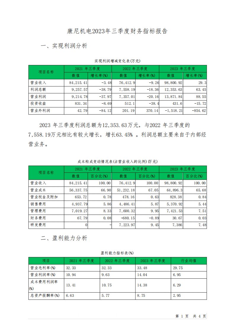 603111康尼机电2023年三季度财务指标报告