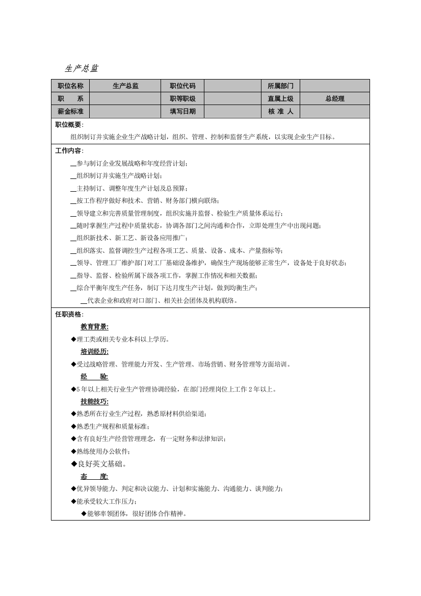 生产总监岗位说明书样本