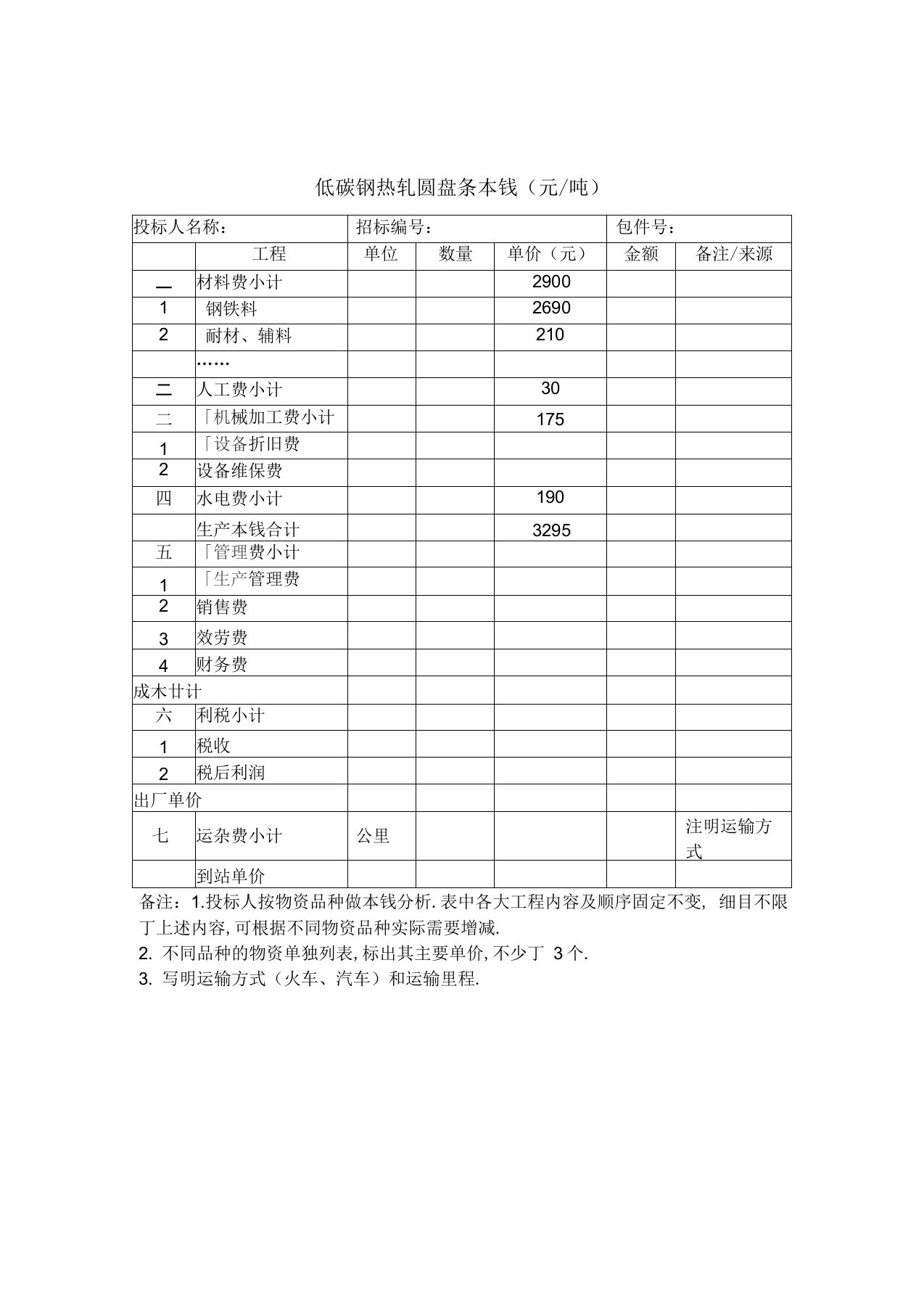 物资报价成本分析表