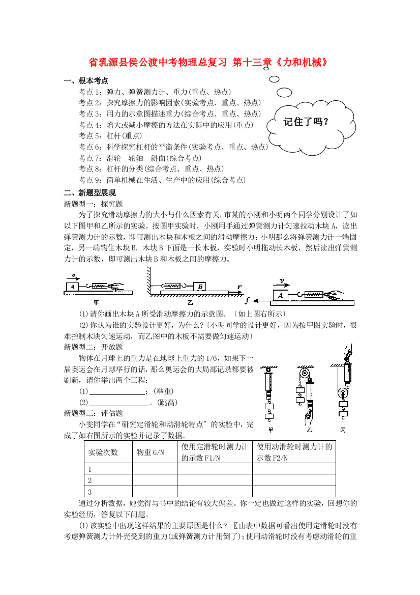 （整理版）乳源县侯公渡中考物理总复习第十三章《力和机