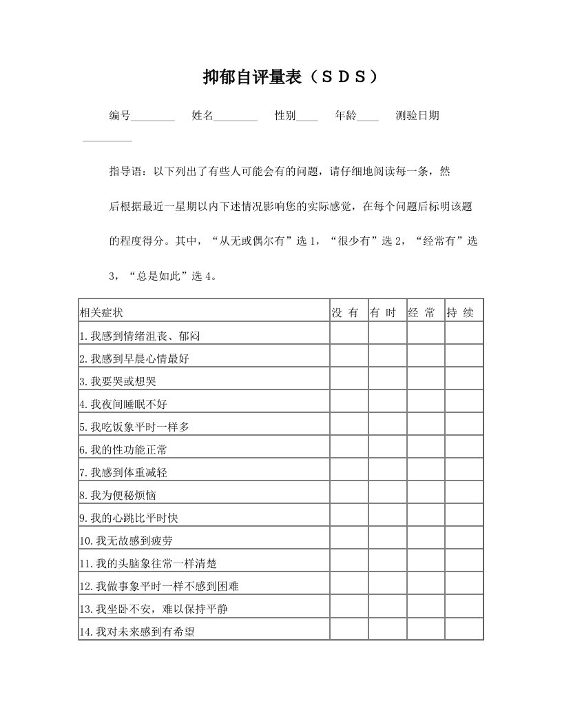 抑郁自评量表(SDS)