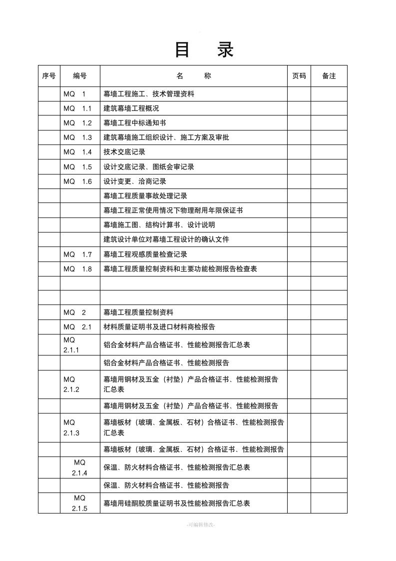 建筑工程施工质量验收资料(MQ：建筑幕墙部分)