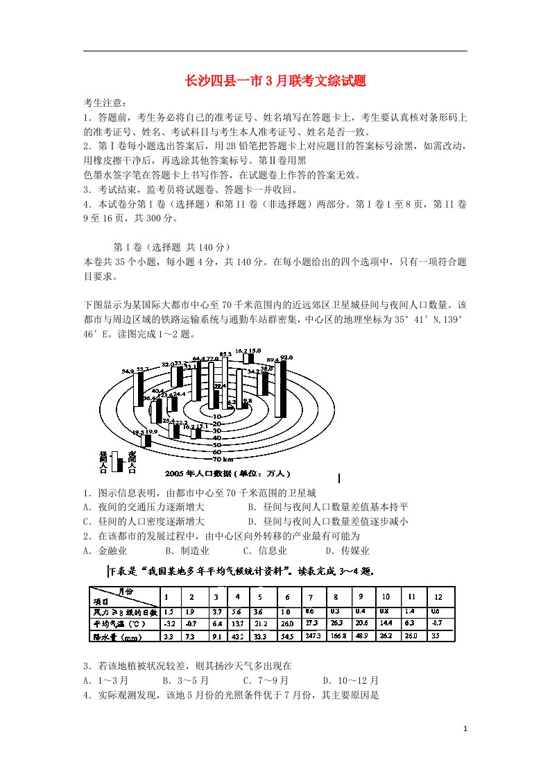 湖南省长沙四县一市高三文综3月联考试题