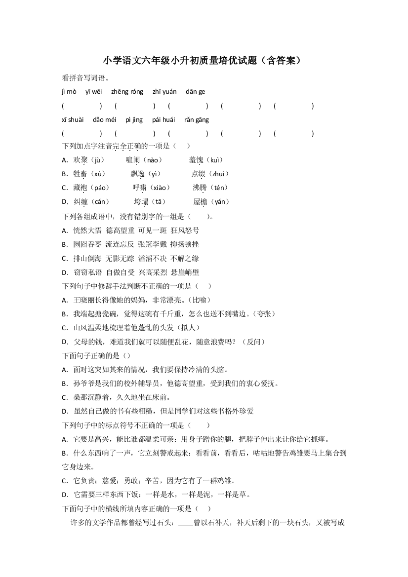 小学语文六年级小升初质量培优试题(含答案)[001]