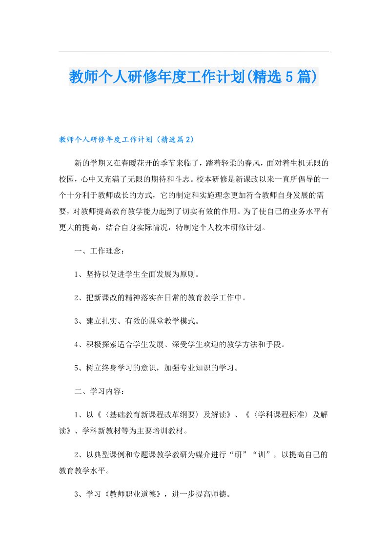 教师个人研修年度工作计划(精选5篇)